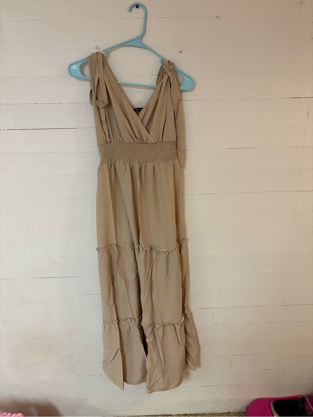 PRETTYGARDEN Beige Tiered Maxi Dress M Tie Shoulder Smocked Waist Boho